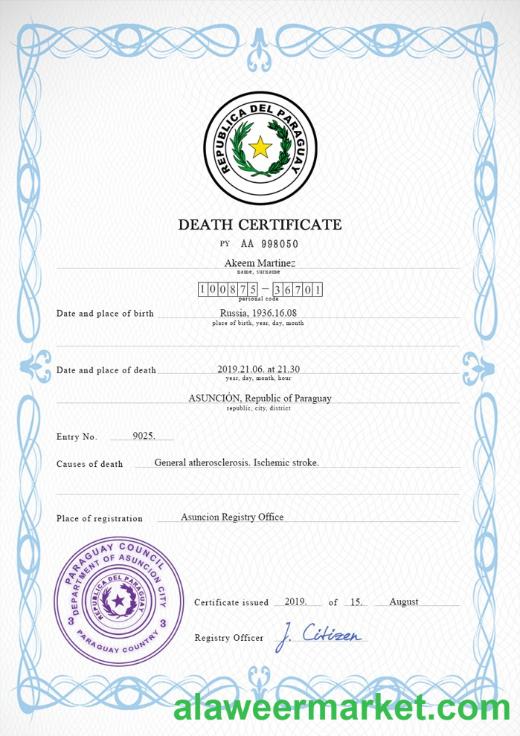 Paraguay vital record death certificate PSD template